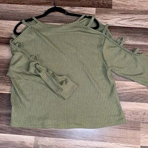 Olive green, lightweight sweater. Cut out arm detail.